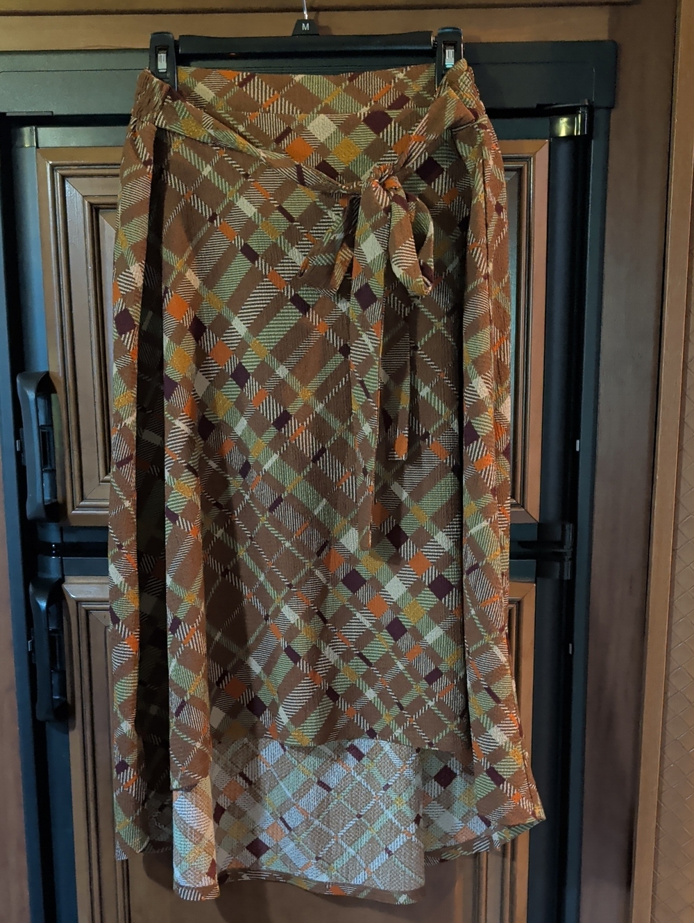 Soho Asymmetrical Plaid Midi Skirt in Brown, Orange, Green